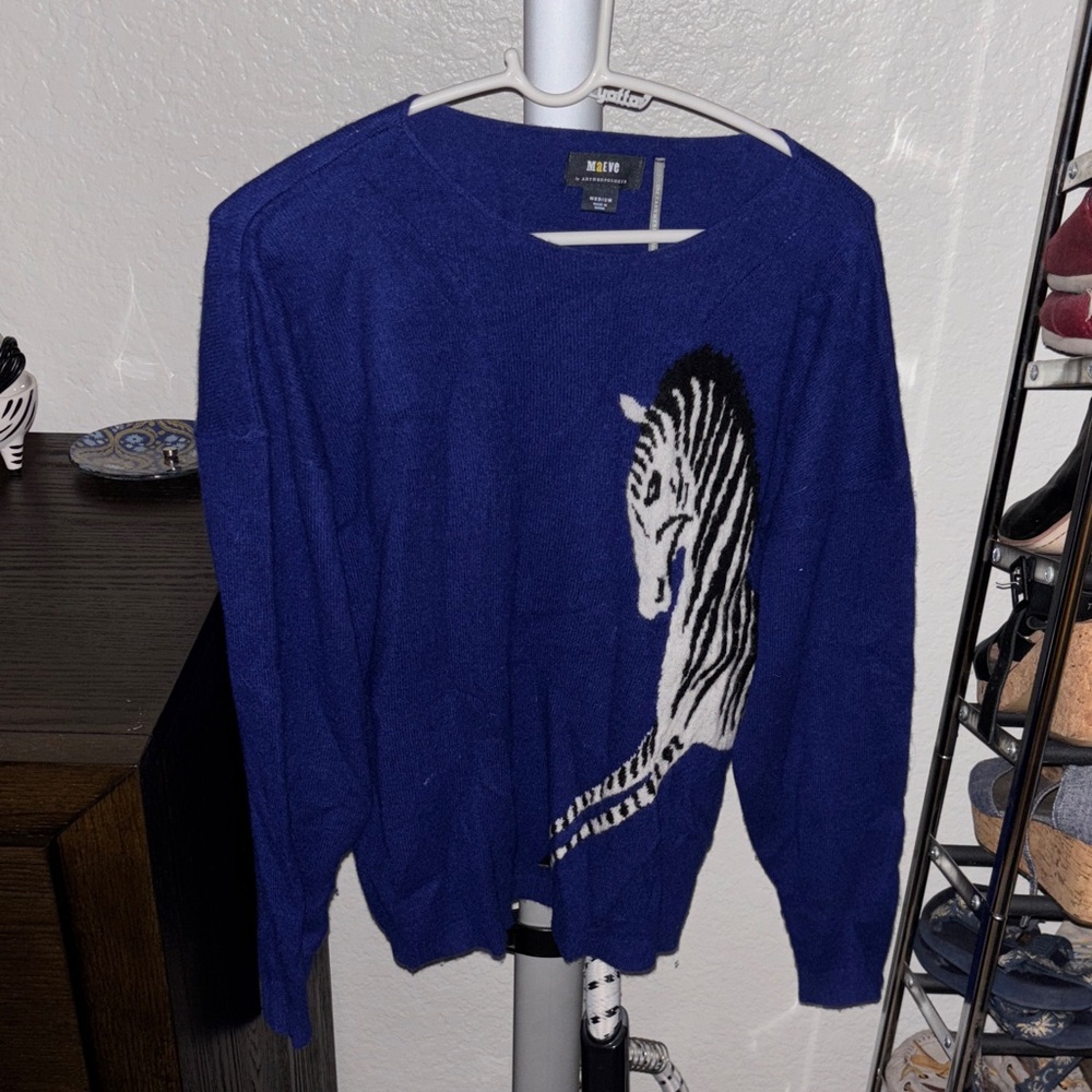Anthro Blue Sweater with Zebra Design